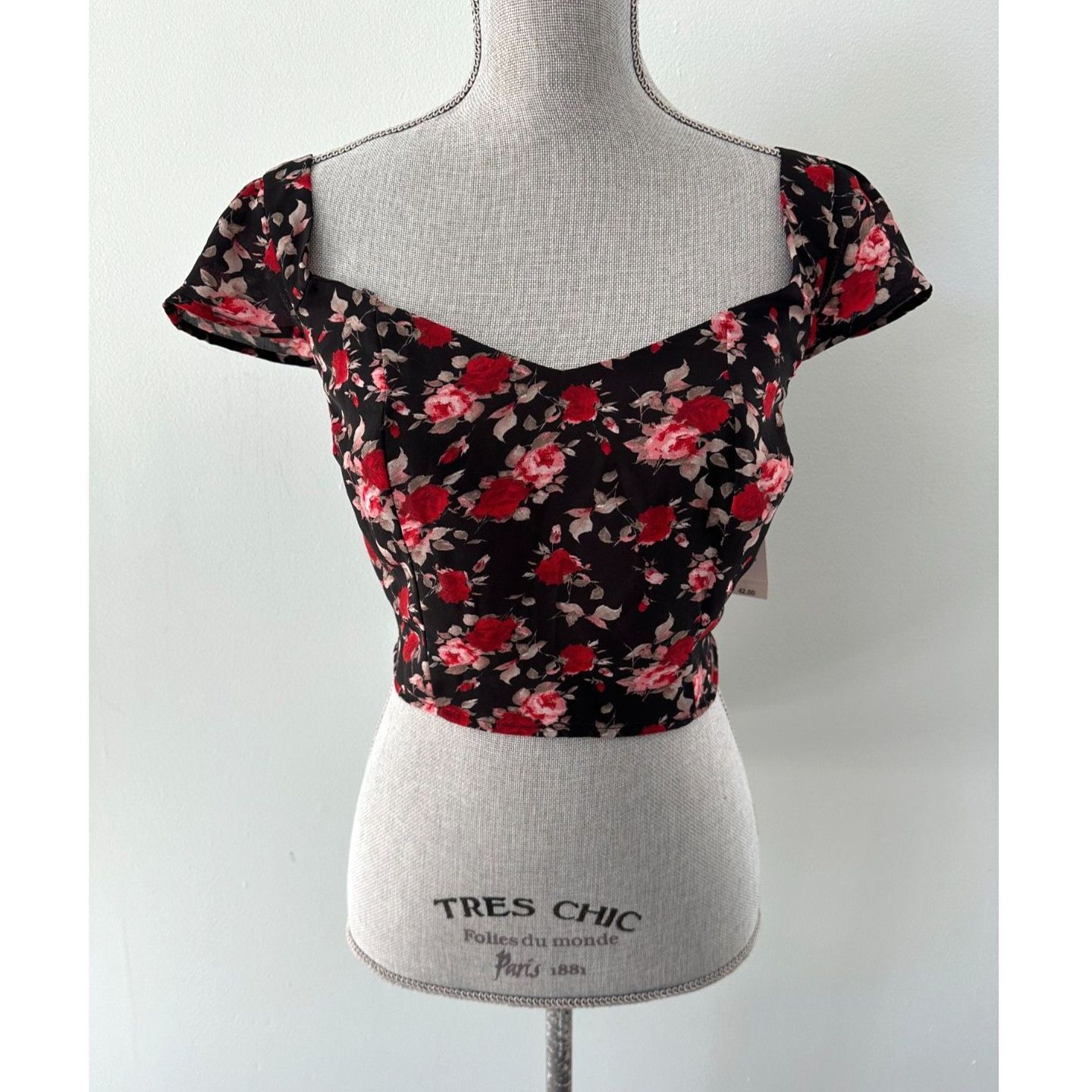 Nwd Leith Floral Sweetheart Crop Top Black Red Rose Cap Sleeve Cottagecore Sz L